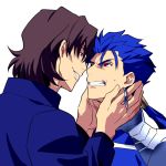  2boys blue_hair brown_hair fate/stay_night fate_(series) hands_on_another&#039;s_face kon_manatsu kotomine_kirei lancer long_hair multiple_boys ponytail red_eyes 