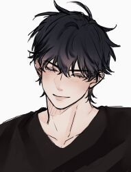  1boy absurdres black_hair black_shirt blush choi_jongsu choixki_236 close-up closed_eyes commentary_request garbage_time highres korean_commentary lower_eyelashes_only messy_hair portrait shirt simple_background sketch smile white_background 