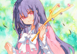  1girl black_hair blush bow bowtie branch breasts collared_shirt commentary_request frilled_shirt_collar frilled_sleeves frills green_background highres holding holding_branch houraisan_kaguya jeweled_branch_of_hourai long_hair long_sleeves looking_at_viewer medium_breasts open_mouth pink_eyes pink_shirt rinka_(qqqrinkappp) shirt smile solo touhou traditional_media upper_body white_bow white_bowtie wide_sleeves 