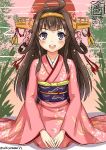  1girl 2015 ahoge brown_hair character_name dated double_bun japanese_clothes kantai_collection kimono kongou_(kantai_collection) long_hair looking_at_viewer new_year open_mouth sakiyamama seiza sitting solo twitter_username 