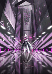  absurdres alternate_color armor colored_skin double_blade highres higunjun humanoid_robot iron_valiant joints looking_at_viewer metal_skin neon_lights pink_eyes pokemon pokemon_(creature) pokemon_scarlet_and_violet robot robot_joints shiny_pokemon standing weapon white_armor white_skin 