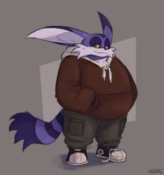  1boy animal_ears artist_name belly big_the_cat blush brown_hoodie cat_boy cat_ears cat_tail closed_mouth commentary english_commentary fang fang_out fat furry furry_male half-closed_eyes hands_in_pockets highres hood hood_down hoodie male_focus newtmoss plump smile sonic_(series) tail untied_shoelaces 