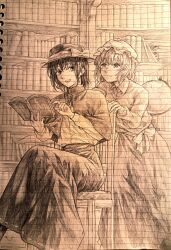 2girls absurdres behind_another black_capelet black_skirt book bookshelf capelet chair globe graphite_(medium) highres holding holding_book long_sleeves looking_at_another maribel_hearn medium_hair monochrome multiple_girls on_chair shirt sitting skirt touhou traditional_media uands999 usami_renko white_shirt wooden_chair 
