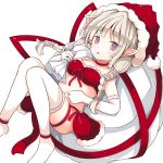  1girl :o bag bandeau bangs beni_shake blunt_bangs blush bra braid choker christmas dutch_angle elbow_gloves frills fur_trim gloves hair_over_shoulder hat holding lace lace-trimmed_thighhighs looking_at_viewer mabinogi_social official_art open_mouth over_shoulder pointy_ears red_bra sack santa_costume santa_hat showgirl_skirt silver_hair simple_background solo strapless_bra thigh-highs twin_braids underwear violet_eyes white_background white_gloves white_legwear 