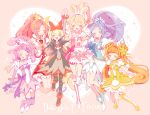  &gt;_&lt; 6+girls aida_mana bat_print blonde_hair blue_hair blush boots bow brown_hair choker closed_eyes cure_ace cure_diamond cure_heart cure_rosetta cure_sword dokidoki!_precure double_bun earrings flower hair_bow hair_ornament half_updo heart heart_background hishikawa_rikka holding_hands interlocked_fingers jewelry jumping kenzaki_makoto long_hair madoka_aguri magical_girl multiple_girls open_mouth pantyhose ponytail precure print_legwear purple_hair purple_skirt redhead regina_(dokidoki!_precure) ribbon short_hair skirt smile spade_hair_ornament text thigh-highs twintails wrist_cuffs yotsuba_alice yuucho_(cololal) zettai_ryouiki 