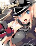  1girl bismarck_(kantai_collection) blonde_hair blue_eyes blush breasts bust character_name detached_sleeves kamishiki kantai_collection long_hair looking_at_viewer open_mouth signature solo v 
