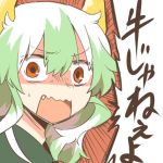  1girl ex-keine fang green_hair horns kamishirasawa_keine long_hair looking_at_viewer lowres open_mouth rebecca_(keinelove) red_background red_eyes sweat touhou translated 