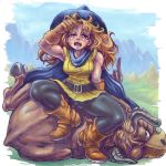  1girl alena_(dq4) breasts cape dragon_quest dragon_quest_iv gloves hat horns long_hair open_mouth orange_hair panties panties_under_pantyhose pantyhose pipipi sitting sweat thighband_pantyhose underwear 