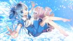  1girl asamiyajy barefoot blue_dress blue_eyes blue_hair bow cirno dress hair_bow ice ice_wings open_mouth puffy_sleeves ribbon short_hair smile solo touhou wings 