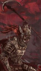  1other armor cape cleanrot_knight commentary covered_eyes elden_ring full_armor gauntlets gold_armor helmet helmet_over_eyes highres holding holding_scythe outdoors red_cape red_hair red_sky schizophre4044 scythe signature sky solo swinging_weapon upper_body wavy_hair winged_helmet 