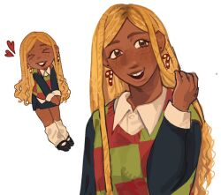  >_< 1girl black_skirt black_sleeves blonde_hair brown_eyes buck_teeth candy candy_cane candy_cane_earrings checkered_clothes checkered_vest collared_shirt dark-skinned_female dark_skin deltarune dreadlocks earrings food food-themed_earrings freckles hand_in_own_hair hand_up heart highres humanization jewelry light-skinned_palms long_hair long_sleeves looking_at_viewer noelle_holiday open_mouth shirt skirt smile solo susujenii teeth tucking_hair two-tone_sweater_vest upper_body utdr_(toby_fox) v_arms very_dark_skin vest 