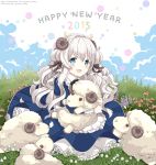 1girl 2015 blush dress flower highres horns hug jellybear long_hair new_year original sheep silver_hair sitting smile solo wavy_hair 