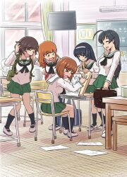 >_< 5girls akiyama_yukari bag black_hair black_sailor_collar black_socks blush brown_hair chair chalkboard classroom closed_mouth commentary_request desk embarrassed girls_und_panzer hairband highres indoors isuzu_hana long_hair monkey_ears monkey_girl multiple_girls nishizumi_miho on_chair open_mouth orange_hair reizei_mako sailor_collar school_bag shirt shoes short_hair sitting socks standing takebe_saori television white_shirt window yaki_lettuce