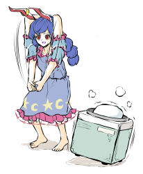  1girl animal_ears barefoot blue_dress blue_hair collarbone commentary_request crescent_print dress food frilled_dress frilled_sleeves frills highres long_hair machine mochi open_mouth peroponesosu. rabbit_ears rabbit_girl red_eyes seiran_(touhou) solo standing star_(symbol) star_print touhou white_background 