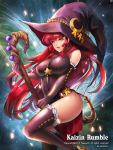  1girl bare_shoulders copyright_name crescent elbow_gloves gloves hat kaizin_rumble leg_up long_hair looking_at_viewer parted_lips shards star thigh-highs thighs very_long_hair witch witch_hat yamkom yellow_eyes 