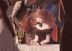  1boy 3girls absurdres ambience_synesthesia angelina_(ambience_synesthesia_2021)_(arknights) angelina_(arknights) animal_ears arknights bare_shoulders black_dress black_ribbon black_wrist_cuffs brown_hair butler candle candlestand chair chinese_commentary collarbone commentary_request dress fingernails flower fox_ears fox_girl hair_ribbon highres indoors long_hair looking_at_viewer maid material_growth multiple_girls nifan_shi_kong_ren night off-shoulder_dress off_shoulder official_alternate_costume oripathy_lesion_(arknights) pink_nails procreate_(medium) red_eyes ribbon rose sky solo_focus star_(sky) starry_sky table tablecloth twintails vase window wrist_cuffs 