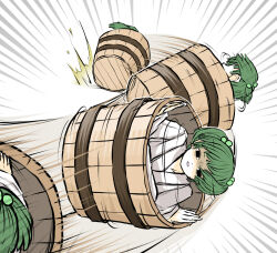  1girl bucket commentary_request emphasis_lines green_hair hair_bobbles hair_ornament highres in_bucket in_container kisume long_sleeves motion_lines open_mouth peroponesosu. rolling shaded_face shirt short_hair short_twintails speed_lines touhou twintails white_background white_shirt 