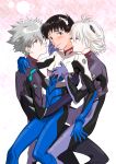  3boys blush bodysuit brown_hair dual_persona grey_hair highres ikari_shinji momohara_kana multiple_boys nagisa_kaworu neon_genesis_evangelion plugsuit white_hair yaoi 