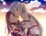  2girls asamiyajy asuna_(sao) asuna_(sao-alo) blue_hair closed_eyes clouds detached_sleeves fingerless_gloves gloves hairband hug long_hair multiple_girls pointy_ears purple_hair sunset sword_art_online tears yuuki_(sao) 