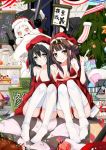  3girls ahoge ai_ai_gasa bare_shoulders bba1985 bikini black_eyes black_hair box breasts brown_eyes brown_hair bucket chalkboard christmas christmas_tree food_on_finger gift gift_box haruna_(kancolle) hat headgear highres kantai_collection kongou_(kancolle) long_hair looking_at_viewer multiple_girls no_shoes northern_ocean_princess orange_eyes red_bikini santa_costume santa_hat sitting smile stocking_stuffer swimsuit thigh-highs white_hair white_legwear white_skin 