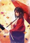  1girl absurdres brown_eyes brown_hair haori highres holding_hand japanese_clothes kara_no_kyoukai kimono official_art parasol ryougi_shiki short_hair solo_focus takeuchi_takashi umbrella 