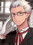  1boy adjusting_glasses archer bespectacled fate/stay_night fate_(series) formal glasses gloves grey_eyes niu_illuminator ribbon solo suit white_hair 