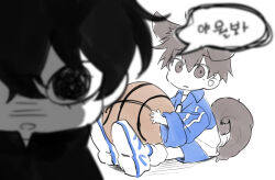  @_@ animal_ears ball basketball_(object) black_eyes black_hair blue_jacket blue_shorts brown_eyes brown_hair chibi chibi_only choi_jongsu close-up dog_boy dog_ears dog_tail full_body fumo_(homosukii) garbage_time holding holding_ball jacket kemonomimi_mode ki_sangho korean_text lower_eyelashes_only messy_hair mole mole_under_eye shaded_face shoes shorts simple_background sitting sketch sneakers socks speech_bubble tail track_jacket translation_request white_background white_shoes white_socks 
