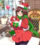  1girl blush breasts brown_hair christmas cleavage green_eyes hanauna hat heart heart_hands kantai_collection long_hair looking_at_viewer noshiro_(kantai_collection) pantyhose santa_hat smile solo 