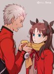  1boy 1girl archer brown_hair dark_skin dressing fate/stay_night fate_(series) grey_hair niu_illuminator scarf toosaka_rin white_hair 