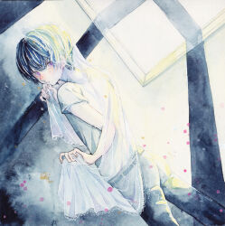  1boy artist_name ass belt black_hair blush bridal_veil closed_mouth commentary dated dutch_angle english_commentary fingernails from_above from_behind holding_veil indoors lace-trimmed_veil lace_trim looking_back male_focus original painting_(medium) pants profile see-through_clothes see-through_veil shiratama_anzu shirt short_hair short_sleeves signature solo sparkle traditional_media veil violet_eyes watercolor_(medium) white_shirt window 