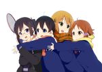  4girls asagiri_shiori badminton_racket cardigan hug hug_from_behind kitashirakawa_tamako komugiko makino_kanna multiple_girls racket scarf school_uniform sweater tamako_market tokiwa_midori 