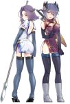  2girls alternate_costume back_cutout black_gloves black_legwear blue_gloves blue_legwear blush boots china_dress chinese_clothes cleavage_cutout dress dress_tug elbow_gloves eyepatch feathers flower from_behind full_body garter_straps gloves hair_feathers hair_flower hair_ornament hi-ho- highres kantai_collection kneepits looking_at_viewer multiple_girls polearm purple_hair short_dress short_hair side_slit simple_background spear standing sword tatsuta_(kantai_collection) tenryuu_(kantai_collection) thigh-highs violet_eyes weapon white_background white_boots yellow_eyes zettai_ryouiki 