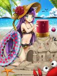  1girl animal_ears beach bikini blue_eyes bucket crab frilled_bikini frills hat highres innertube kaizin_rumble kneeling primcoco purple_hair sand_castle sand_sculpture skull_and_crossbones smile solo sparkle starfish striped striped_bikini striped_swimsuit summer swimsuit water 