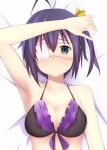  1girl arm_on_head arm_up armpits bed black_hair blue_eyes blush breasts chuunibyou_demo_koi_ga_shitai! cleavage clenched_teeth eyepatch h.l. lingerie looking_at_viewer lying nose_blush parted_lips swimsuit takanashi_rikka underwear 