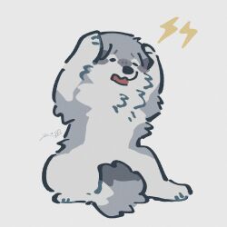  absurdres animal_focus between_legs commentary covering_own_ears grey_background highres lightning_bolt_symbol no_humans open_mouth original rinrinwolf signature simple_background tail tail_between_legs wolf 