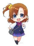  1girl :d blue_eyes blue_skirt brown_hair chibi hair_bobbles hair_ornament ko_ru_ri kousaka_honoka looking_at_viewer love_live!_school_idol_project open_mouth plaid plaid_skirt school_uniform short_hair simple_background skirt smile socks solo white_background 