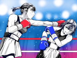  2girls bike_shorts bike_shorts_under_skirt blue_gloves boxing boxing_gloves boxing_ring boxing_shorts breasts commentary_request dodging flying_sweatdrops gloves highres lee_(dragon_garou) linea_alba medium_breasts miniskirt mouth_guard multiple_girls original partially_colored ponytail punching red_gloves serious short_hair short_ponytail shorts skirt small_breasts sports_bra sweat 