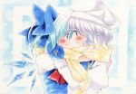  2girls blue_background blue_eyes blue_hair blush bow bust cirno face-to-face hair_bow hand_on_another&#039;s_face hat ice ice_wings letty_whiterock long_sleeves mittens multiple_girls puffy_sleeves scarf shared_scarf short_hair silver_hair smile touhou wings wminiminiw 