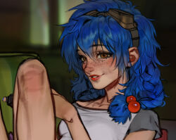  1girl blue_hair brown_eyes duskyhallows freckles goggles goggles_on_head grey_sleeves looking_at_viewer original shirt short_sleeves solo upper_body white_shirt 