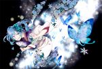  1girl blue_eyes blue_hair butterfly ene_(kagerou_project) fan flower hair_flower hair_ornament highres japanese_clothes kagerou_project kimono long_hair maiori_00 twintails 