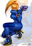  1girl arm_support blonde_hair blue_eyes breasts gun high_heels kneeling large_breasts legs long_hair metroid ponytail rocket_boots samus_aran skin_tight super_smash_bros. thighs toni_hoang_nguyen weapon wristband zero_suit 