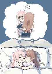  2girls bang_dream! bang_dream!_it's_mygo!!!!! blue_skirt blush brown_hair chihaya_anon closed_mouth commentary dreaming glasses grey_eyes grey_jacket haneoka_school_uniform highres hug jacket long_hair lyy multiple_girls nagasaki_soyo pink_hair school_uniform short_sleeves sidelocks skirt sleeping smile tsukinomori_school_uniform untranslatable_commentary yuri 