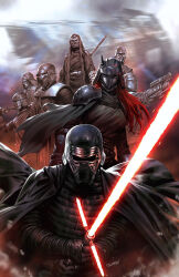  black_gloves black_helmet cape character_request commentary crossguard_lightsaber derrick_chew energy_sword english_commentary gloves helmet highres holding holding_sword holding_weapon kylo_ren lightsaber long_hair male_focus multiple_boys polearm red_lightsaber signature sith star_wars sword weapon 