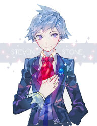  1boy blue_eyes blue_hair character_name cymphonia english_commentary grey_jacket jacket jewelry light_smile necktie pokemon pokemon_omega_ruby_and_alpha_sapphire red_necktie ring signature solo steven_stone 