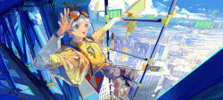 1other absurdres androgynous animal_ears arm_up belt billboard blue_eyes blue_sky bracelet building cable city cityscape clouds cloudy_sky commentary day earpiece english_commentary eyewear_on_head fake_animal_ears goggles goggles_on_head highres jacket jewelry lightning_bolt_symbol long_sleeves looking_at_viewer midriff open_clothes open_hand open_jacket open_mouth original outdoors pants rabbit_ears railing see-through_clothes see-through_jacket shirt short_hair shoulder_strap sign sky skyscraper smile solo stomach taro-k teeth variant_set watch watch waving white_hair white_pants window wristband yellow_jacket 