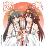  2015 2girls :d ahoge arrow bare_shoulders blush brown_eyes brown_hair bust detached_sleeves grey_hair hair_ornament hairband hairclip haruna_(kantai_collection) headgear japanese_clothes kantai_collection kongou_(kantai_collection) long_hair looking_at_viewer multiple_girls nontraditional_miko open_mouth ribbon-trimmed_sleeves ribbon_trim smile spaghe twitter_username violet_eyes 