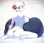  1girl ass bodysuit boots breasts from_behind horns impossible_clothes large_breasts looking_at_viewer looking_back mole munashi_mujou original pointy_ears sheep_horns short_hair sitting solo tail thigh-highs thigh_boots wariza white_boots white_hair white_legwear yellow_eyes 