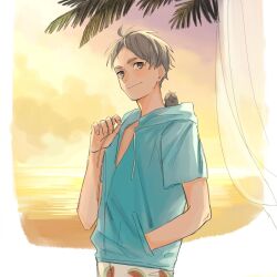  1boy arms_up blue_jacket brown_eyes closed_mouth clouds commentary cowboy_shot curtains drawstring food_print fruit_print grey_hair haikyuu!! highres hood hood_basket hooded_jacket jacket looking_to_the_side male_focus ofumofu outdoors palm_leaf parted_bangs short_hair short_sleeves sideways_glance smile sugawara_koushi sunset watermelon_print 