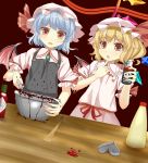 2girls apron bat_wings berries blonde_hair blue_hair bowl brooch bunchou_(bunchou3103) chocolate chocolate_making dutch_angle finger_to_chin flandre_scarlet hat hat_ribbon heart jewelry looking_at_viewer mayonnaise messy mob_cap multiple_girls open_mouth red_background red_eyes remilia_scarlet ribbon short_sleeves siblings sisters skull_and_crossbones sweatdrop tabasco table touhou wings 