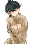  1girl bai_lao_shu blue_eyes blush breasts cleavage cleavage_cutout highres houshou_(kantai_collection) kantai_collection long_hair open-chest_sweater ponytail ribbed_sweater smile sweater turtleneck 